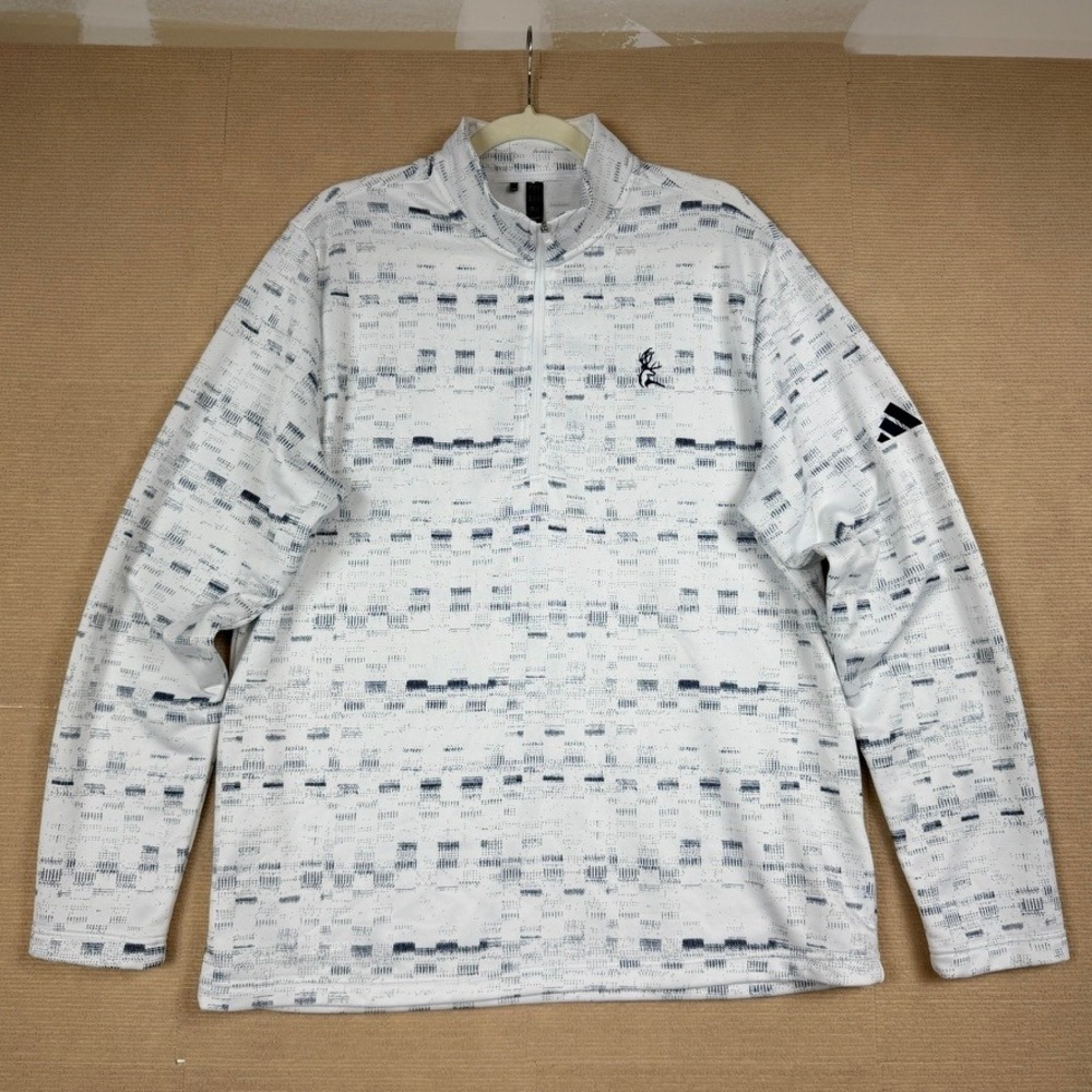 Adidas Golf Mens XL Quarter Zip Pullover White Navy Blue Digital Print Buck Logo